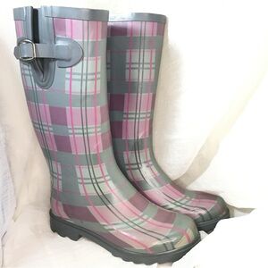 Women’s Gray and Pink Plaid Rain Boots - Classic Tall Waterproof Boots -8-